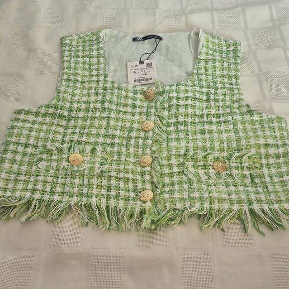 Zara Green and White Tweed Buttoned Blouse - Picture 14 of 16